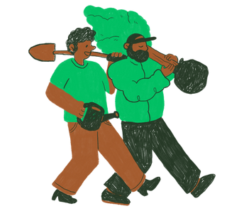 Two men walking with tree and garden tools